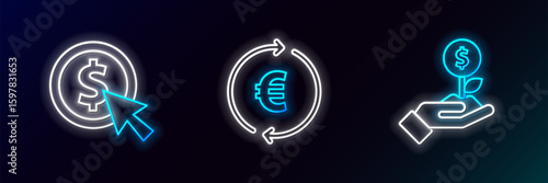 Set line Dollar plant, Coin money with dollar and euro symbol icon. Glowing neon. Vector