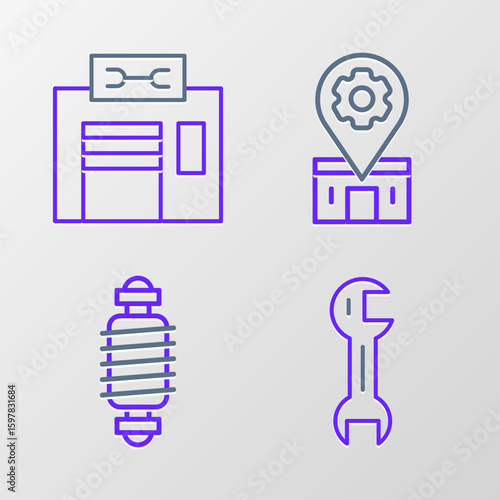 Set line Wrench spanner, Bicycle suspension, repair service and icon. Vector