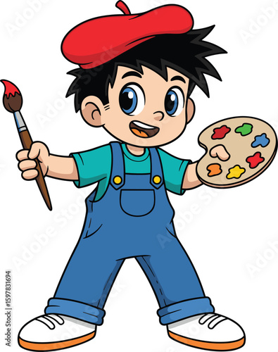 Cartoon boy artist character with paintbrush and palette, creative child in red beret, vector illustration, CAD style, flat design