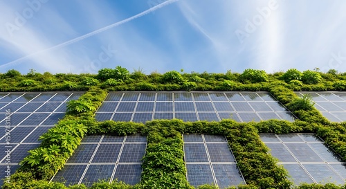 Green roof with solar panels, sustainable energy, eco-friendly building design.