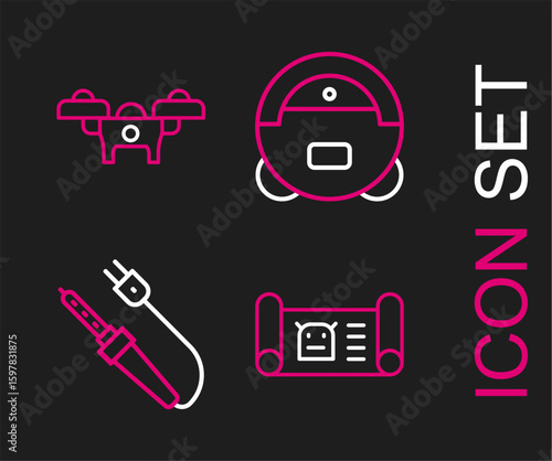 Set line Robot blueprint, Soldering iron, vacuum cleaner and Drone icon. Vector