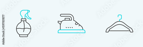 Set line Hanger wardrobe, Water spray bottle and Electric iron icon. Vector