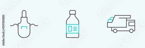 Set line Garbage truck, Kitchen apron and Bottle for cleaning agent icon. Vector