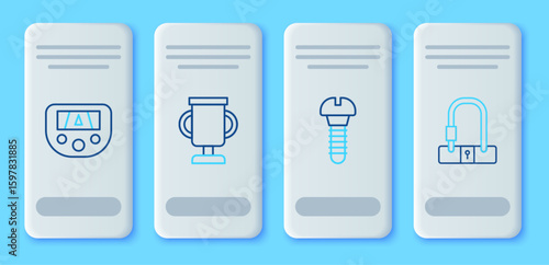 Set line Award cup with bicycle, Metallic screw, Gps device map and Bicycle lock icon. Vector