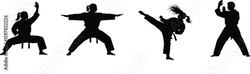 Martial arts silhouette vector showing dynamic stances, diverse techniques, self-defense poses, kick movements, combat training cad style illustration