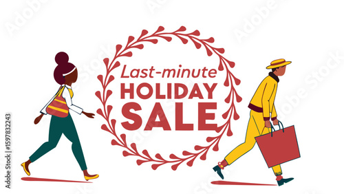 Illustration of a holiday sale advertisement with two shoppers walking with bags on a white background