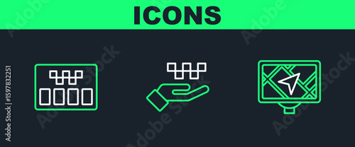 Set line Gps device with map, Taximeter and Hand taxi icon. Vector