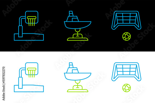 Set line Soccer goal with ball, Basketball backboard and Swing boat icon. Vector