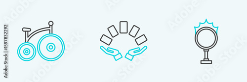 Set line Circus fire hoop, Vintage bicycle and Hand holding playing cards icon. Vector