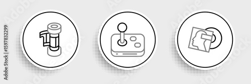Set line Vinyl disk, Camera roll cartridge and Joystick icon. Vector