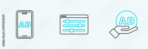 Set line Advertising, and Browser setting icon. Vector