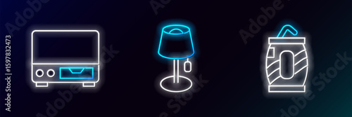 Set line Soda can with straw, Old video cassette player and Floor lamp icon. Glowing neon. Vector