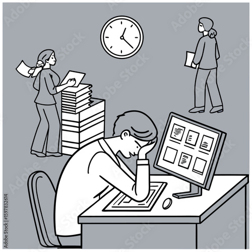 Overworked employee at desk with computer, papers, and clock, with two other people in the background
