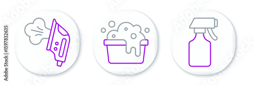 Set line Water spray bottle, Electric iron and Basin with soap suds icon. Vector