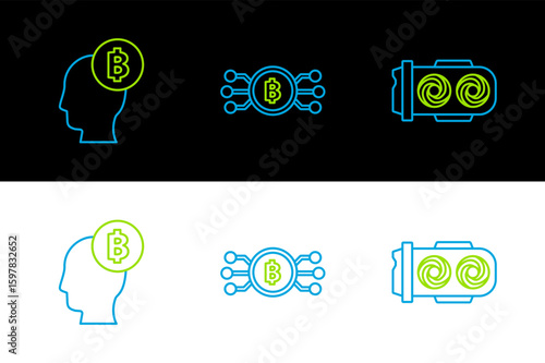 Set line Mining farm, Bitcoin think and Cryptocurrency bitcoin circle with microchip circuit icon. Vector