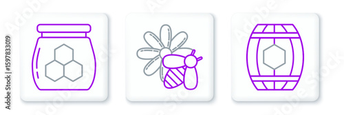 Set line Wooden barrel with honey, Jar of and Bee and flower icon. Vector