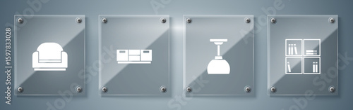 Set Shelf with books, Lamp hanging, Furniture nightstand and Armchair. Square glass panels. Vector