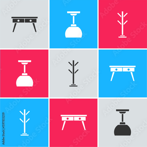 Set Office desk, Lamp hanging and Coat stand icon. Vector