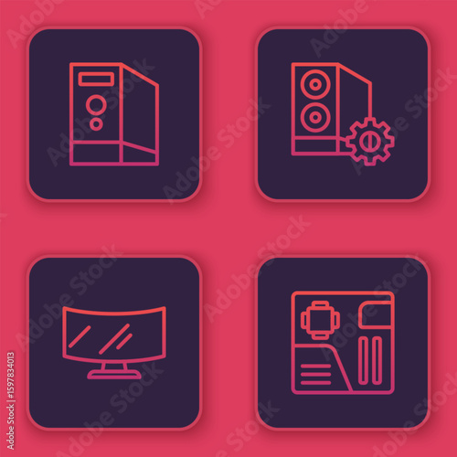 Set line Case of computer, Computer monitor screen, and Motherboard digital chip. Blue square button. Vector