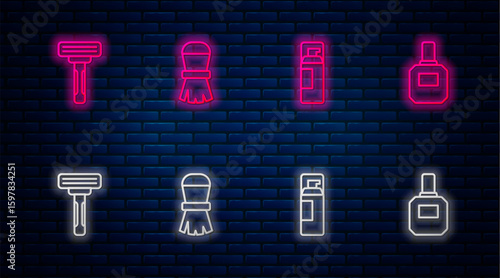 Set line Shaving brush, gel foam, razor and Aftershave. Glowing neon icon on brick wall. Vector