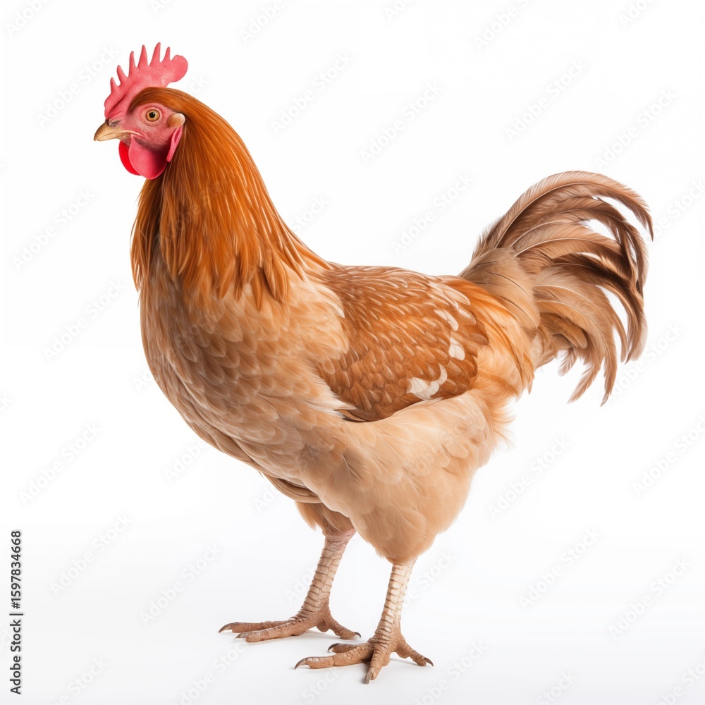 Fototapeta premium Standing brown chicken isolated on white background showcasing full body, feathers, and legs.