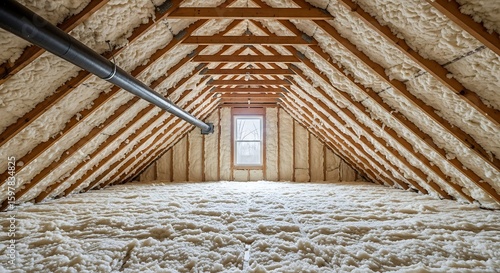 Attic space with insulation being sprayed, showing wooden beams and a window at the far end.