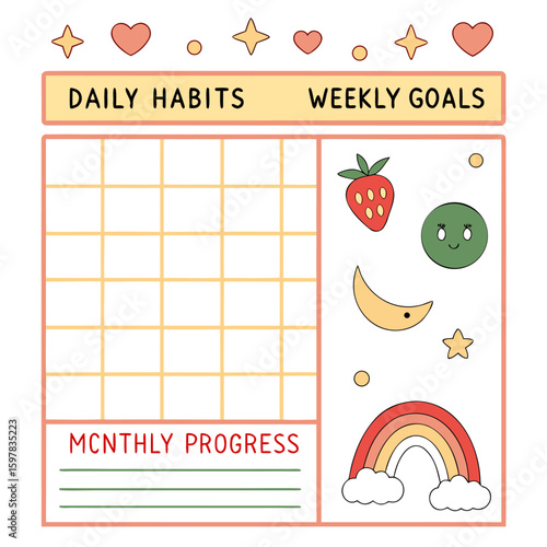 Illustration of a daily habits and weekly goals tracker with a grid and cute drawings and monthly progress