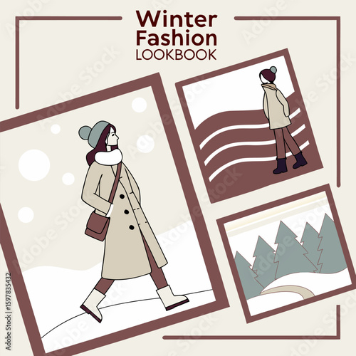 Illustration of winter fashion lookbook with women in coats and winter scenes in picture frames art