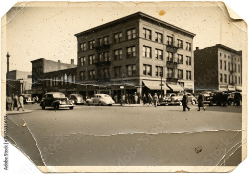 A vintage sepia photograph capturing a bustling city street corner from the 1940s, with classic cars and pedestrians.