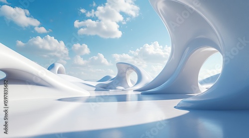 Futuristic white architectural structures curve gracefully against a blue sky with fluffy clouds, creating a surreal landscape