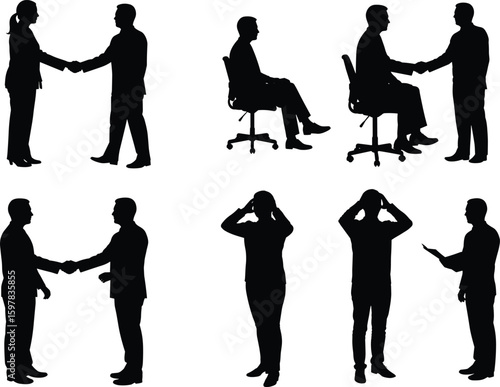 Silhouettes of businesspeople shaking hands, seated and standing figures, agreement, discussion, stress gesture, negotiation and corporate communication concept