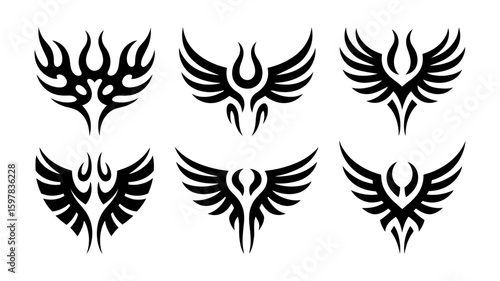 Collection of tribal style phoenix bird designs isolated on white background