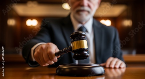 A judge in a courtroom holding a gavel ready to make a ruling.