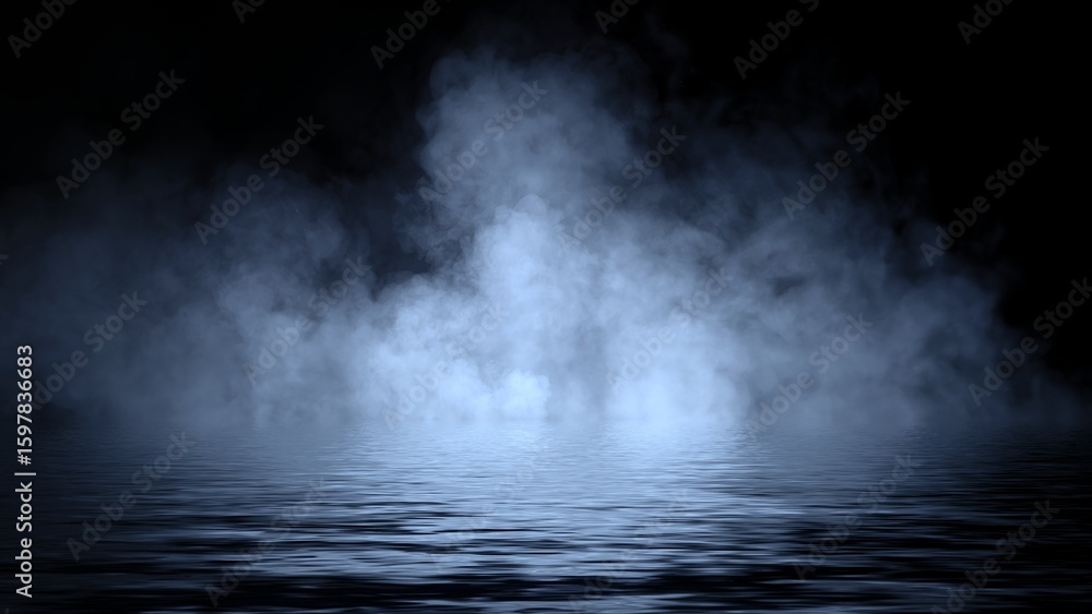 Obraz premium Mystery blue coastal fog . Smoke on the shore . Reflection in water. Texture overlays background. Stock illustration