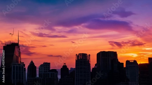 A timelapse capturing the transformation of an American downtown skyline in New York, transitioning from day to night