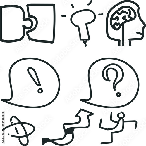 A set of icons on the theme of thinking, ideas, and beginning works.