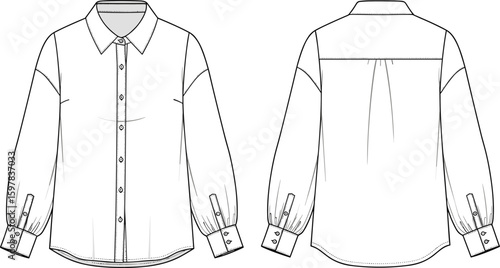 CAD drawing flat vector illustration of women’s long sleeve button up shirt with cuff detail technical fashion sketch front back