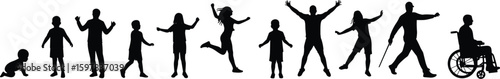 Human life stages silhouette vector illustration, growth from baby to elderly, aging timeline progression, people evolution with cane and wheelchair