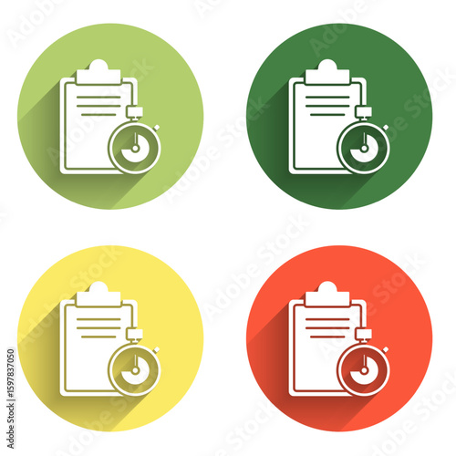 Set Verification of delivery list clipboard icon isolated with long shadow background. Color circle button. Vector