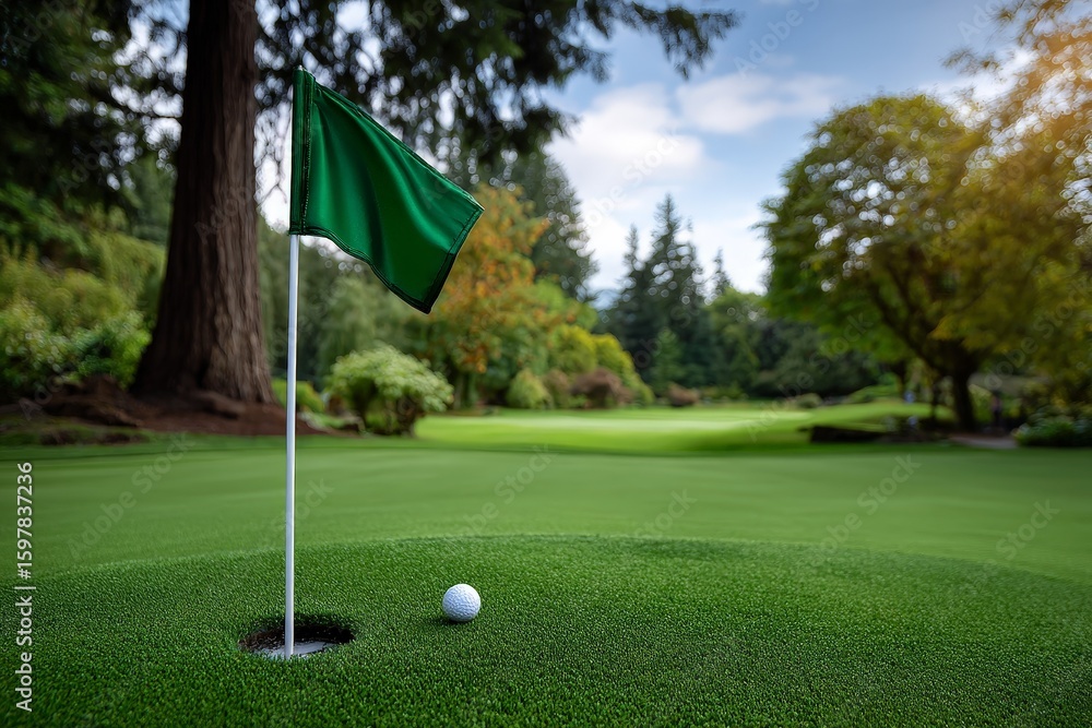 Obraz premium Golf Ball Near Hole with Green Flag on Well-Maintained Course