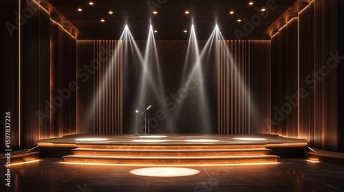 Elegant wooden stage illuminated by dramatic spotlights