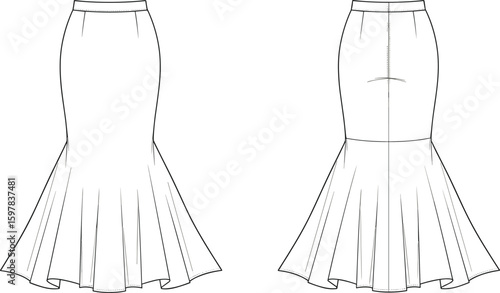 CAD drawing flat vector illustration of women’s mermaid flared skirt, technical fashion sketch, front and back view design