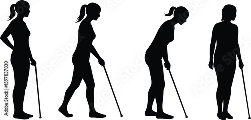 Silhouettes of women walking with canes, disability support concept, illustrating mobility aid, injury recovery, and rehabilitation in vector design