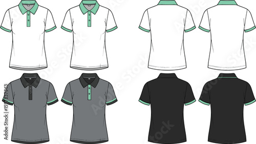 CAD drawing flat vector illustration of women’s polo shirts in different colors, technical fashion sketch, front and back view