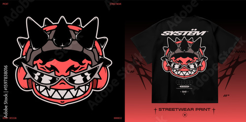 Cartoon mascot face with sunglasses, horns and headphones. Y2K streetwear character print for t-shirt, aggressive grin and spiked hair. Isolated on black background