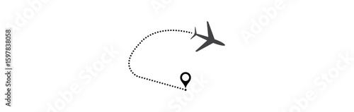 air plane flight route with start point and dash line trace. Various aircraft and destination location pins icons. Aircraft tracking, planes, travel, map