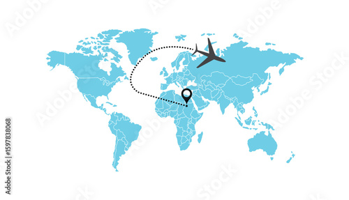 air plane flight route with start point and dash line trace. Various aircraft and destination location pins icons. Aircraft tracking, planes, travel, map