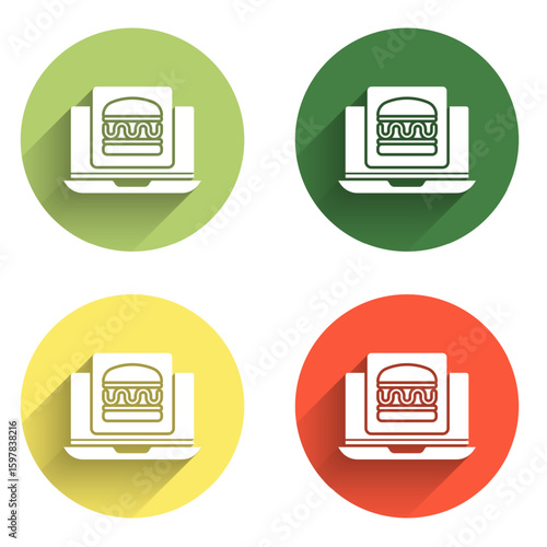 Set Online ordering and burger delivery icon isolated with long shadow background. Color circle button. Vector