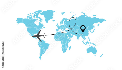 air plane flight route with start point and dash line trace. Various aircraft and destination location pins icons. Aircraft tracking, planes, travel, map