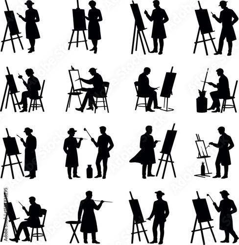 Silhouettes of artists painting on easels in various poses vector
